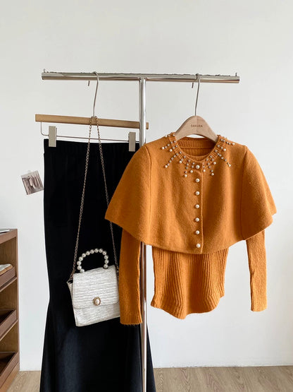 2025 Autumn/Winter New Korean Style Sweet Slim Fit Knitted Long-Sleeved Padded Cape Two-Piece Set for Women with Hot-Stamped Rhinestone Buttons