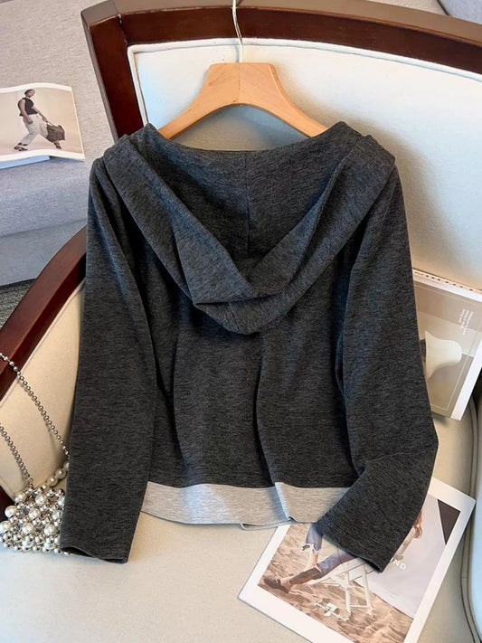 Lazy hooded fake two-piece tops wide-leg pants two-piece suits spring and autumn large size fat mm casual temperament slim suits for women