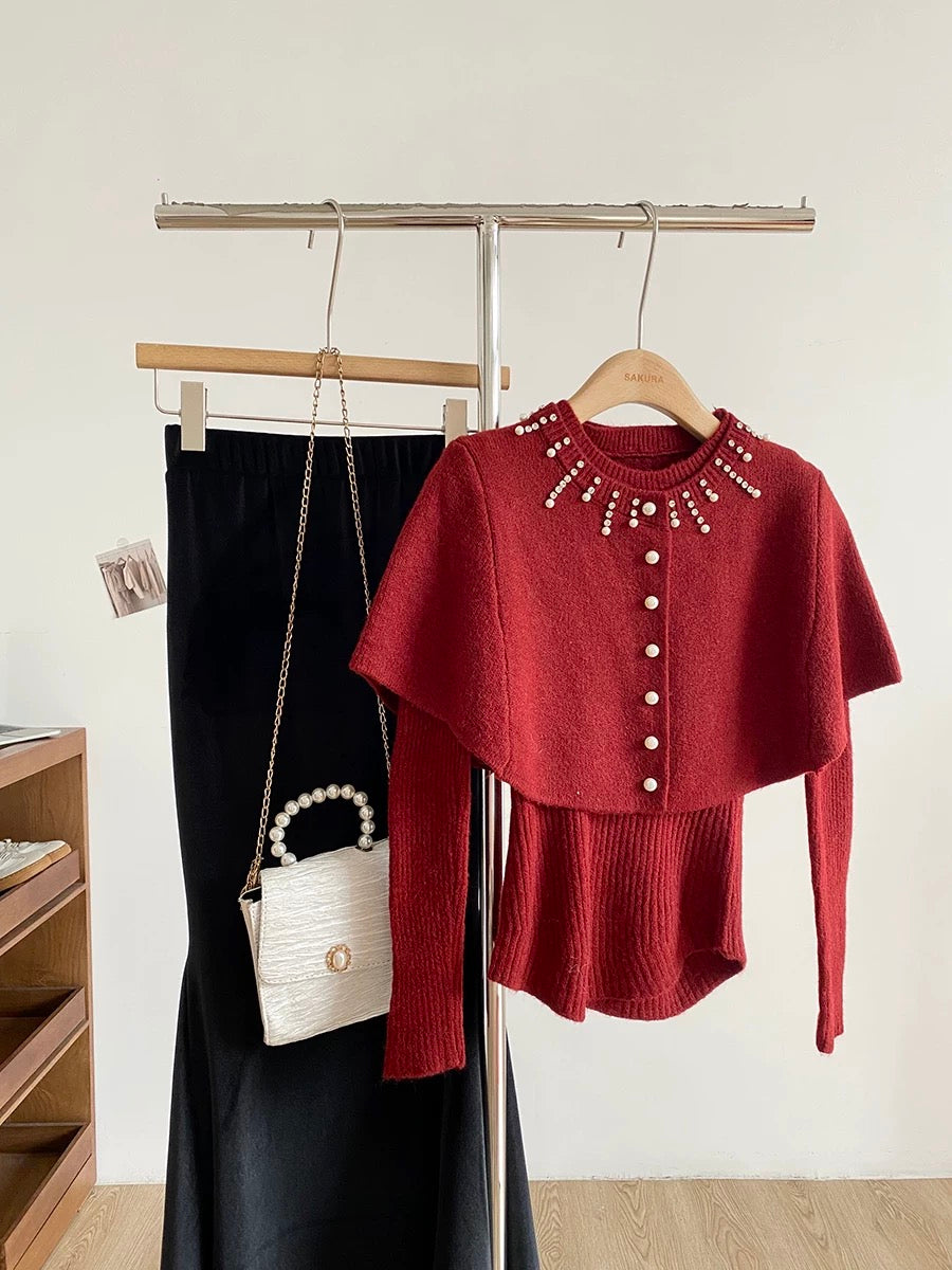 2025 Autumn/Winter New Korean Style Sweet Slim Fit Knitted Long-Sleeved Padded Cape Two-Piece Set for Women with Hot-Stamped Rhinestone Buttons