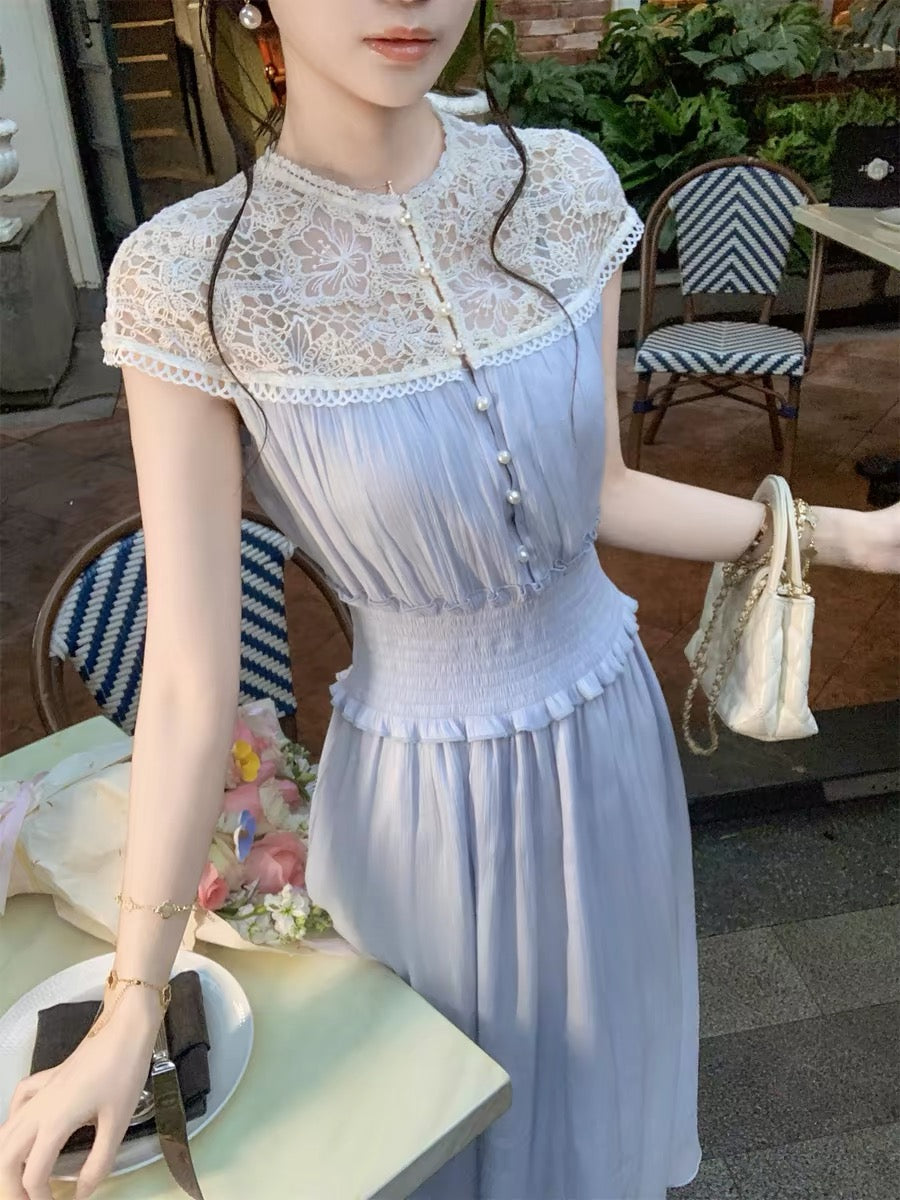 Fish Rabbit's Rabbit French Blue Dress for Women, Summer 2026 New Style, Especially Beautiful, Fitted Waist Skirt