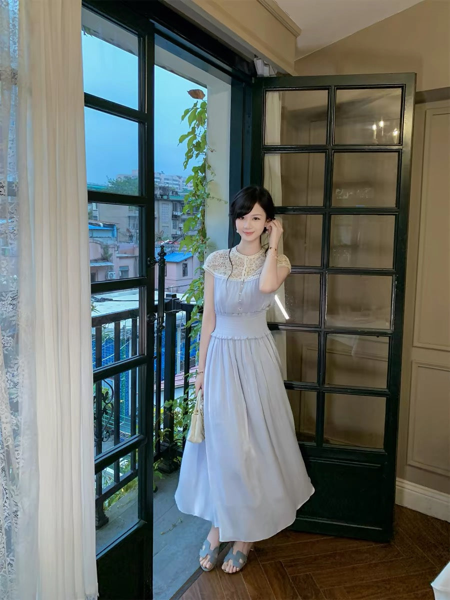 Fish Rabbit's Rabbit French Blue Dress for Women, Summer 2026 New Style, Especially Beautiful, Fitted Waist Skirt