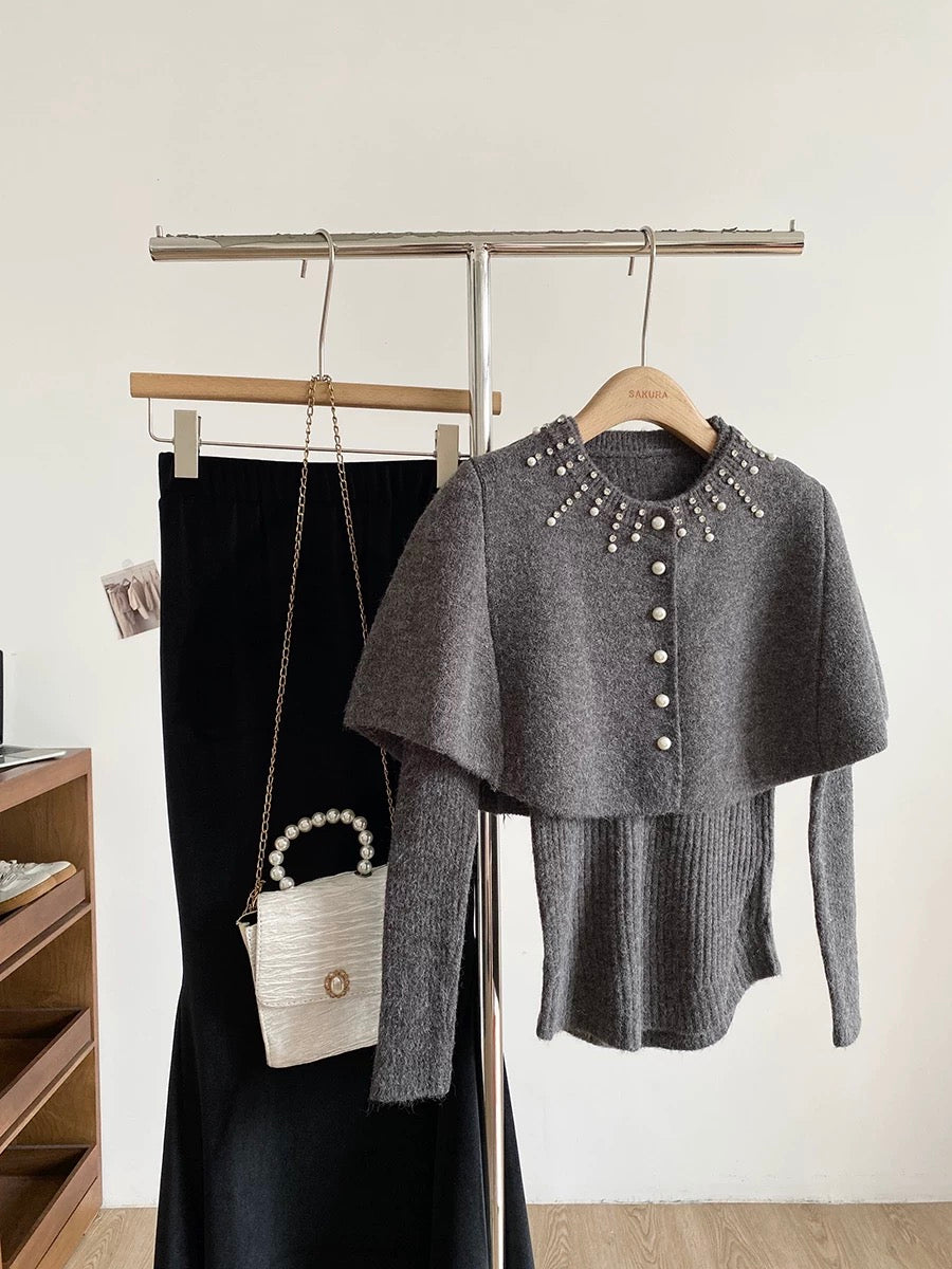 2025 Autumn/Winter New Korean Style Sweet Slim Fit Knitted Long-Sleeved Padded Cape Two-Piece Set for Women with Hot-Stamped Rhinestone Buttons