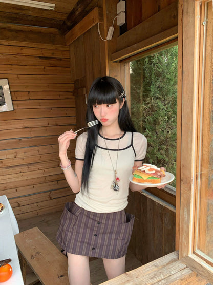 Hot girl suit niche contrast color straight shoulder short-sleeved T-shirt female summer low waist skirt anti-exposure short skirt two-piece suit