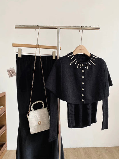 2025 Autumn/Winter New Korean Style Sweet Slim Fit Knitted Long-Sleeved Padded Cape Two-Piece Set for Women with Hot-Stamped Rhinestone Buttons