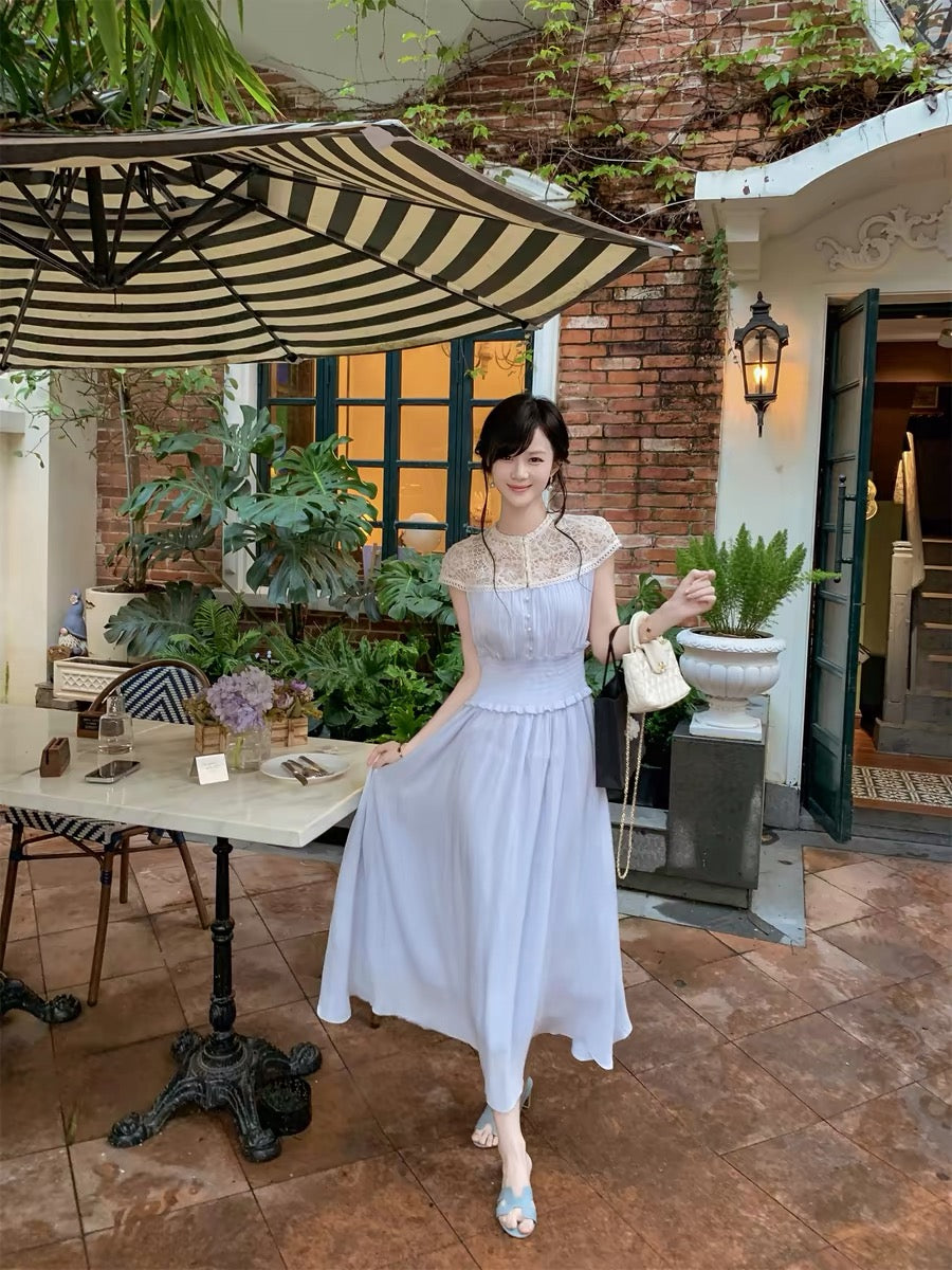 Fish Rabbit's Rabbit French Blue Dress for Women, Summer 2026 New Style, Especially Beautiful, Fitted Waist Skirt