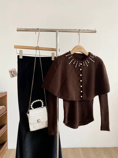 2025 Autumn/Winter New Korean Style Sweet Slim Fit Knitted Long-Sleeved Padded Cape Two-Piece Set for Women with Hot-Stamped Rhinestone Buttons