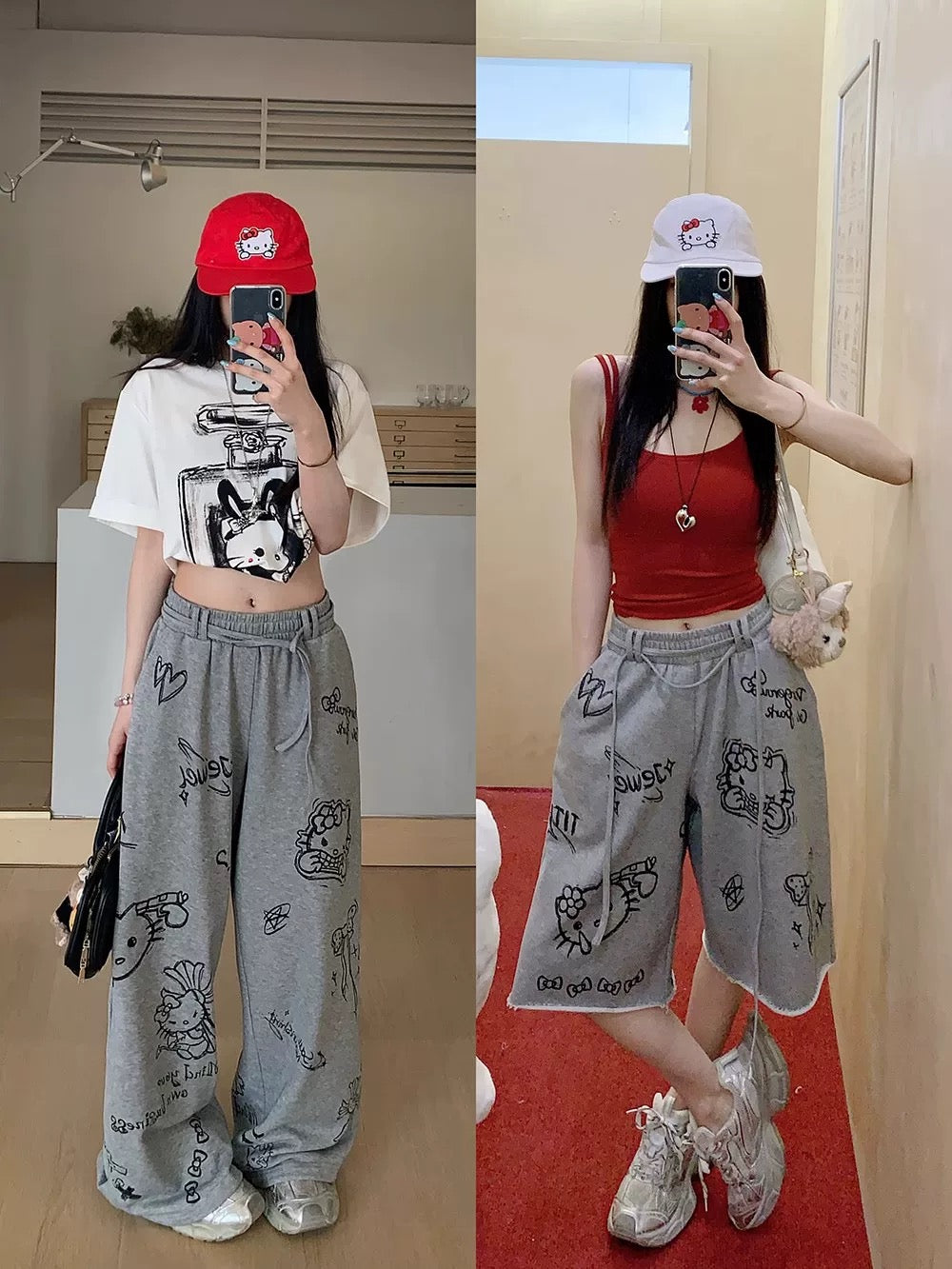 Guochao brand American retro graffiti cat sports shorts women's summer loose college style high waist straight five-point pants