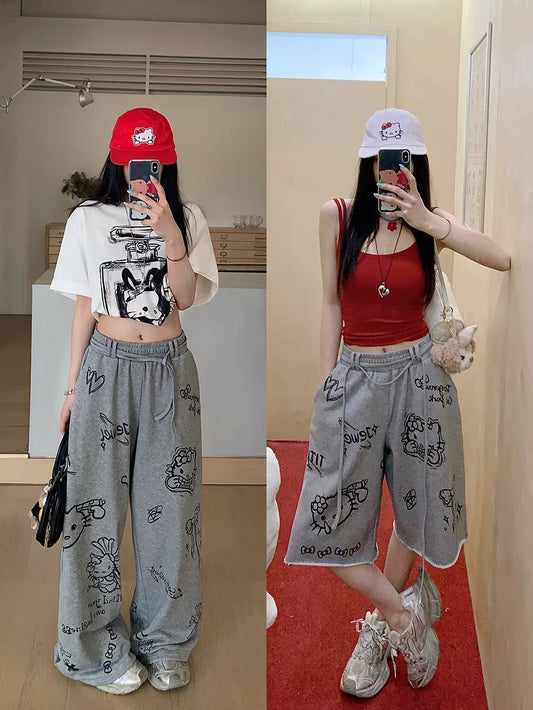 Guochao brand American retro graffiti cat sports shorts women's summer loose college style high waist straight five-point pants