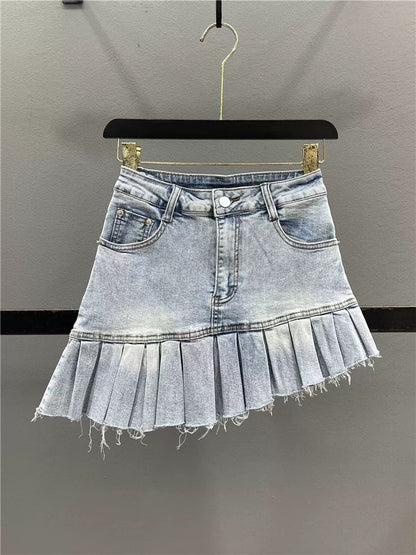 Irregular bevel denim skirt for women 2025 summer high waist slim A-line pleated skirt hot girl hip skirt