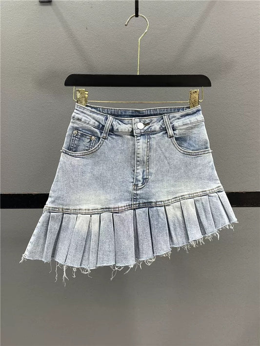 Irregular bevel denim skirt for women 2025 summer high waist slim A-line pleated skirt hot girl hip skirt