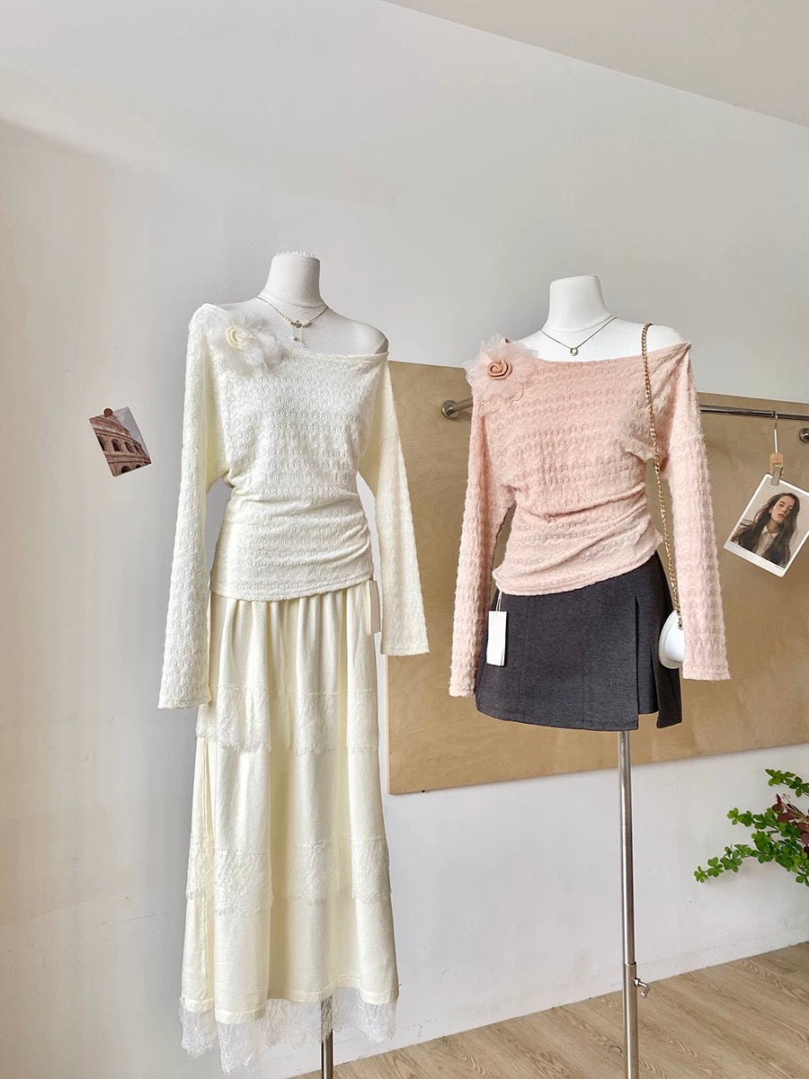 French-style off-shoulder 3D floral long-sleeved knit top for women, new autumn/winter 2025 style, fashionable, slimming, and high-end.