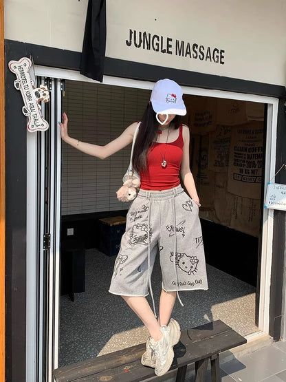 Guochao brand American retro graffiti cat sports shorts women's summer loose college style high waist straight five-point pants