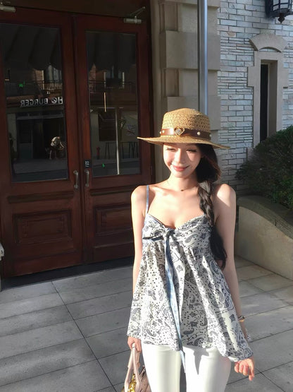 Pinksoya Lyocell Color-Blocked Polka Dot Bow Tie Loose A-Line V-Neck Tank Top