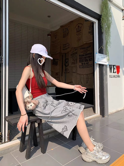 Guochao brand American retro graffiti cat sports shorts women's summer loose college style high waist straight five-point pants