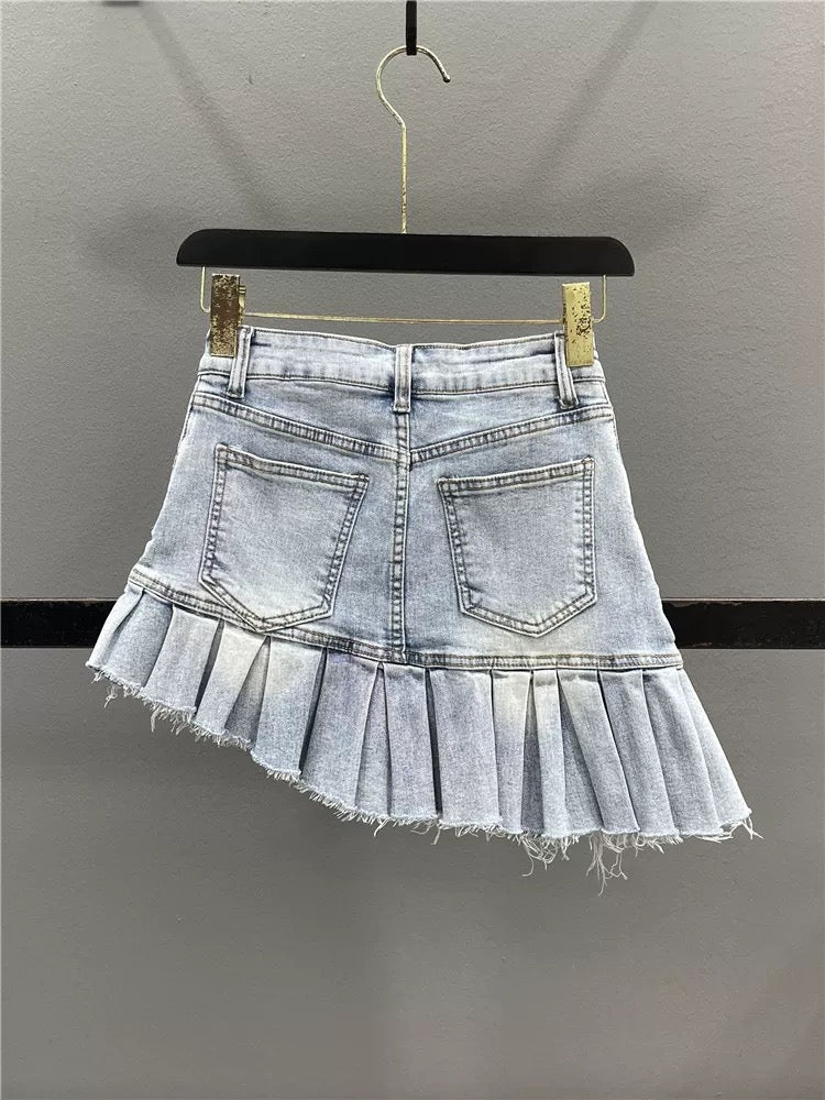 Irregular bevel denim skirt for women 2025 summer high waist slim A-line pleated skirt hot girl hip skirt