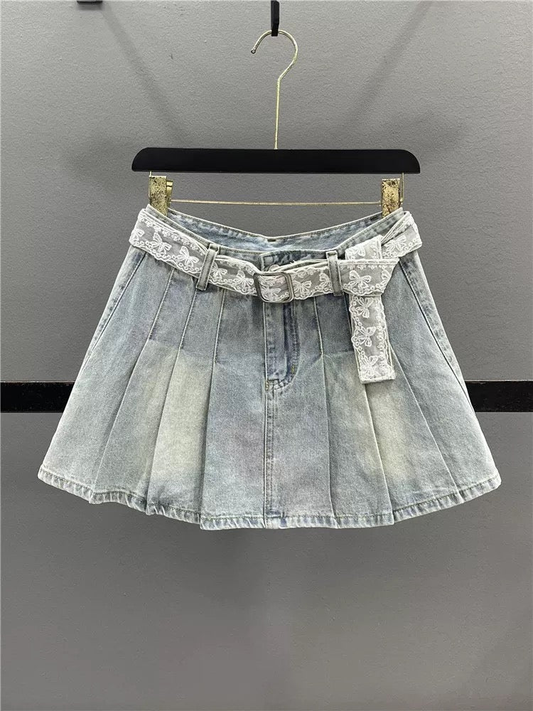 Retro lace belt denim skirt for women 2025 summer slim hot girl A-line pleated skirt anti-exposure short skirt