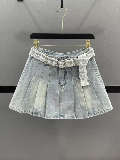 Retro lace belt denim skirt for women 2025 summer slim hot girl A-line pleated skirt anti-exposure short skirt