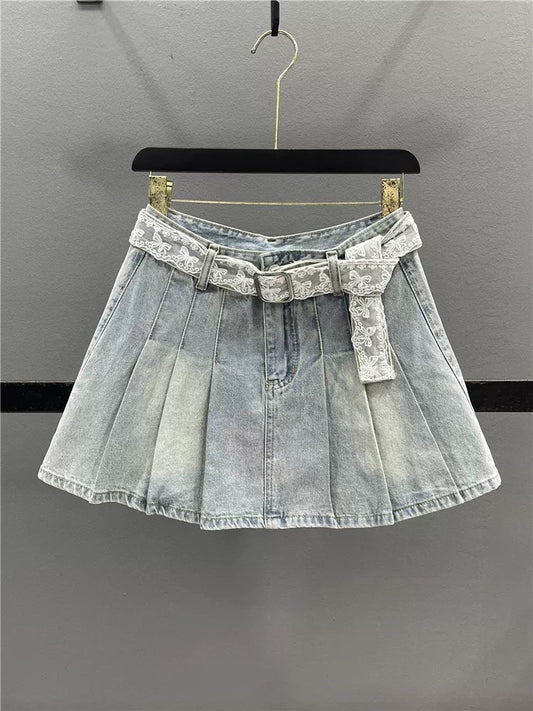 Retro lace belt denim skirt for women 2025 summer slim hot girl A-line pleated skirt anti-exposure short skirt