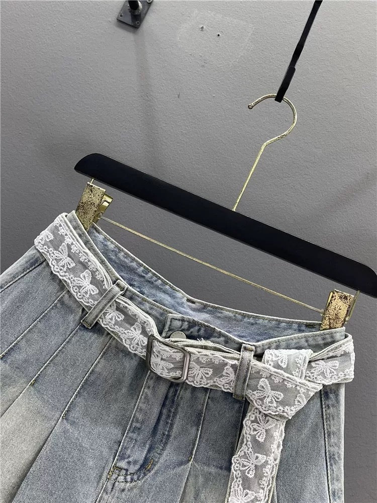 Retro lace belt denim skirt for women 2025 summer slim hot girl A-line pleated skirt anti-exposure short skirt