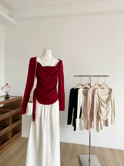 2025 Autumn New Arrival Sweet Slim Fit Side Waist Tie-up Drape Neck Faux Two-Piece Knit Top for Women - Pure and Versatile Long Sleeves