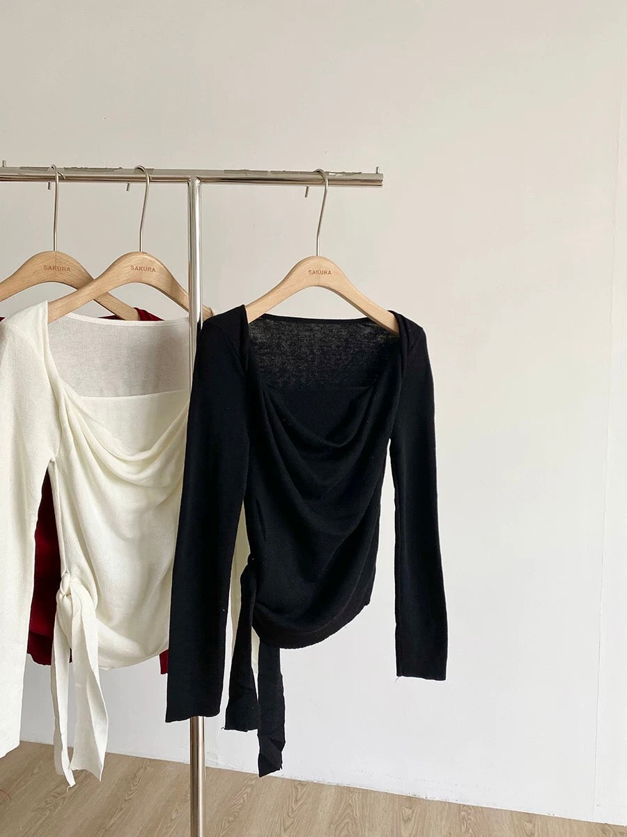 2025 Autumn New Arrival Sweet Slim Fit Side Waist Tie-up Drape Neck Faux Two-Piece Knit Top for Women - Pure and Versatile Long Sleeves