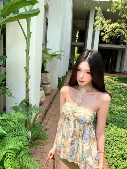 Pinksoya Pink Bean Iris Flower Padded Lace Halter Vest for Women, Loose Fit, Slimming and Youthful