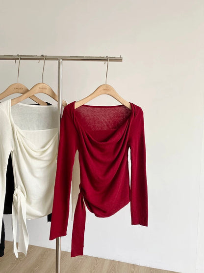 2025 Autumn New Arrival Sweet Slim Fit Side Waist Tie-up Drape Neck Faux Two-Piece Knit Top for Women - Pure and Versatile Long Sleeves
