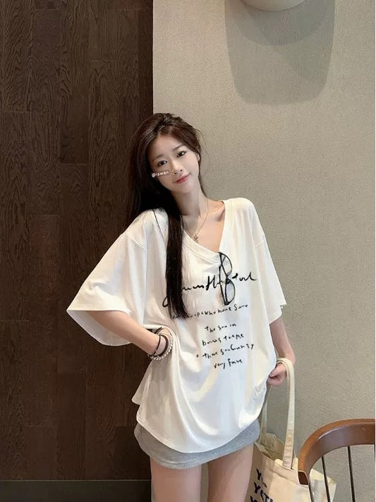 Letter print V-neck short sleeve T-shirt for women summer 2025 new Korean loose oversize mid-length top trend