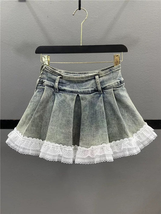 Retro lace denim skirt for women 2025 summer new high waist slim hot girl A-line pleated skirt