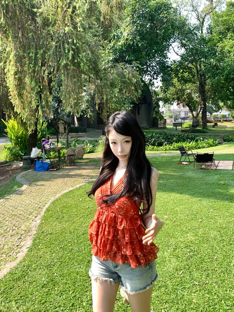 Pinksoya French lace top, V-neck, multi-layered ruffled floral blouse, women's style.