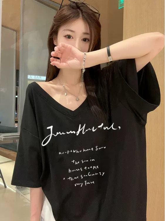 Letter print V-neck short sleeve T-shirt for women summer 2025 new Korean loose oversize mid-length top trend