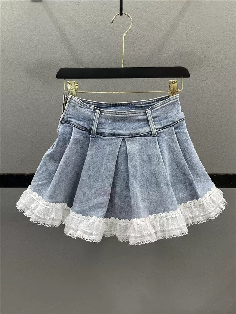 Retro lace denim skirt for women 2025 summer new high waist slim hot girl A-line pleated skirt