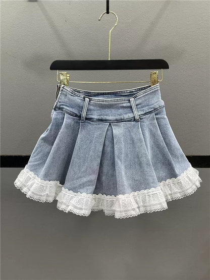 Retro lace denim skirt for women 2025 summer new high waist slim hot girl A-line pleated skirt