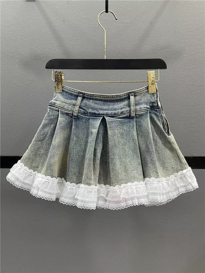 Retro lace denim skirt for women 2025 summer new high waist slim hot girl A-line pleated skirt