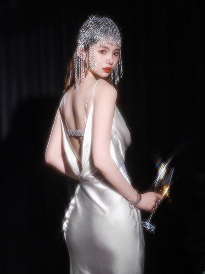 journeyj goddess fairy white dress with swing collar acetate silk satin suspender dress sexy backless
