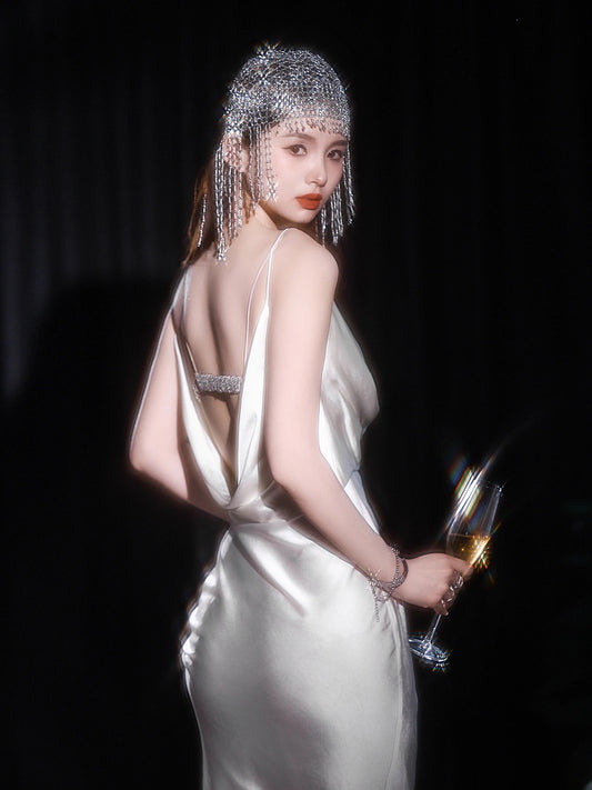 journeyj goddess fairy white dress with swing collar acetate silk satin suspender dress sexy backless
