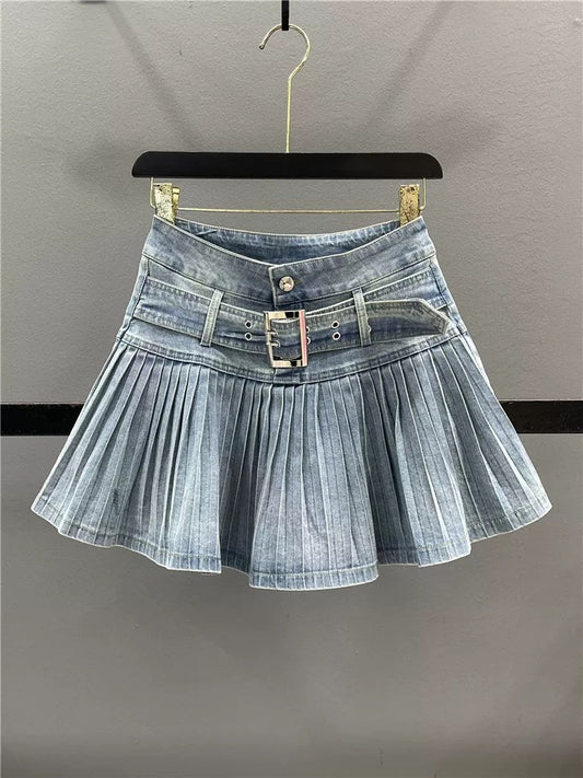 Retro denim pleated skirt skirt women 2025 summer new design high waist slim hot girl A-line short skirt