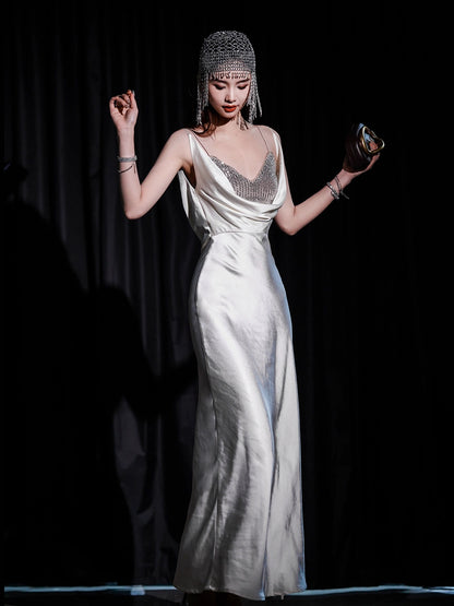 journeyj goddess fairy white dress with swing collar acetate silk satin suspender dress sexy backless