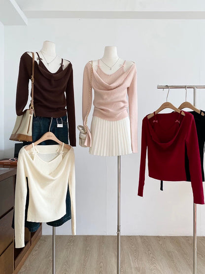 2025 Autumn/Winter New Korean Style Sweet Faux Two-Piece Turtleneck Knit Top with Bow Tie Slim Fit