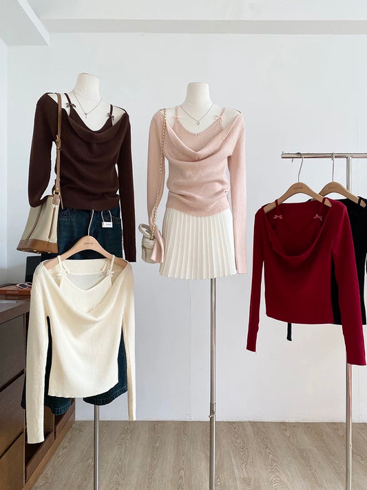 2025 Autumn/Winter New Korean Style Sweet Faux Two-Piece Turtleneck Knit Top with Bow Tie Slim Fit