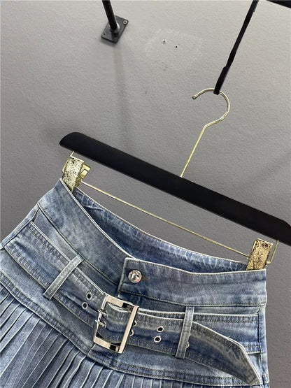 Retro denim pleated skirt skirt women 2025 summer new design high waist slim hot girl A-line short skirt