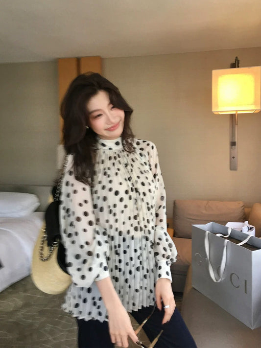 Longxier Black Polka Dot Print Chiffon Blouse for Women, Loose Fit, Pleated Design, Flattering Long Sleeve Top, K007