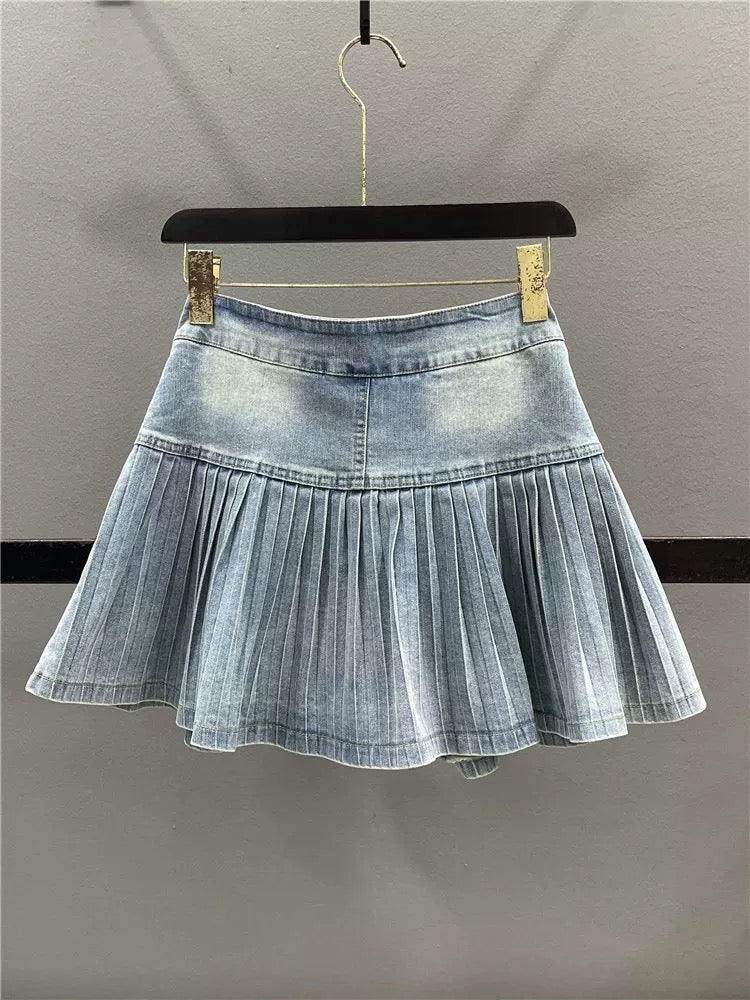 Retro denim pleated skirt skirt women 2025 summer new design high waist slim hot girl A-line short skirt