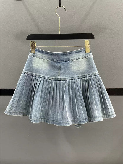 Retro denim pleated skirt skirt women 2025 summer new design high waist slim hot girl A-line short skirt