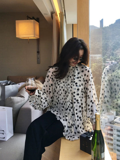 Longxier Black Polka Dot Print Chiffon Blouse for Women, Loose Fit, Pleated Design, Flattering Long Sleeve Top, K007