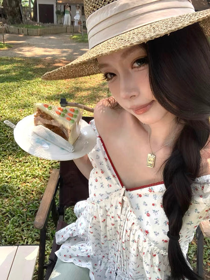 Pinksoya Sweet Floral Ruffle Short-Sleeve T-Shirt for Women, Versatile and Youthful, Off-Shoulder Top