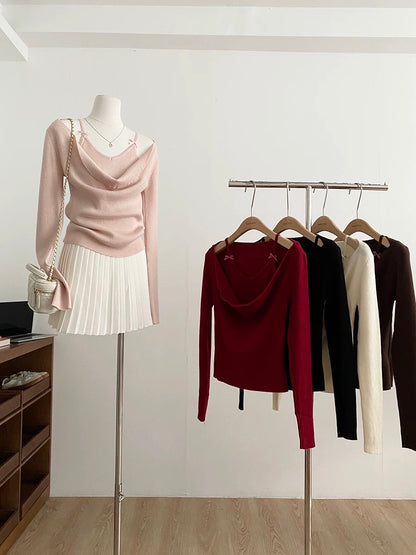 2025 Autumn/Winter New Korean Style Sweet Faux Two-Piece Turtleneck Knit Top with Bow Tie Slim Fit