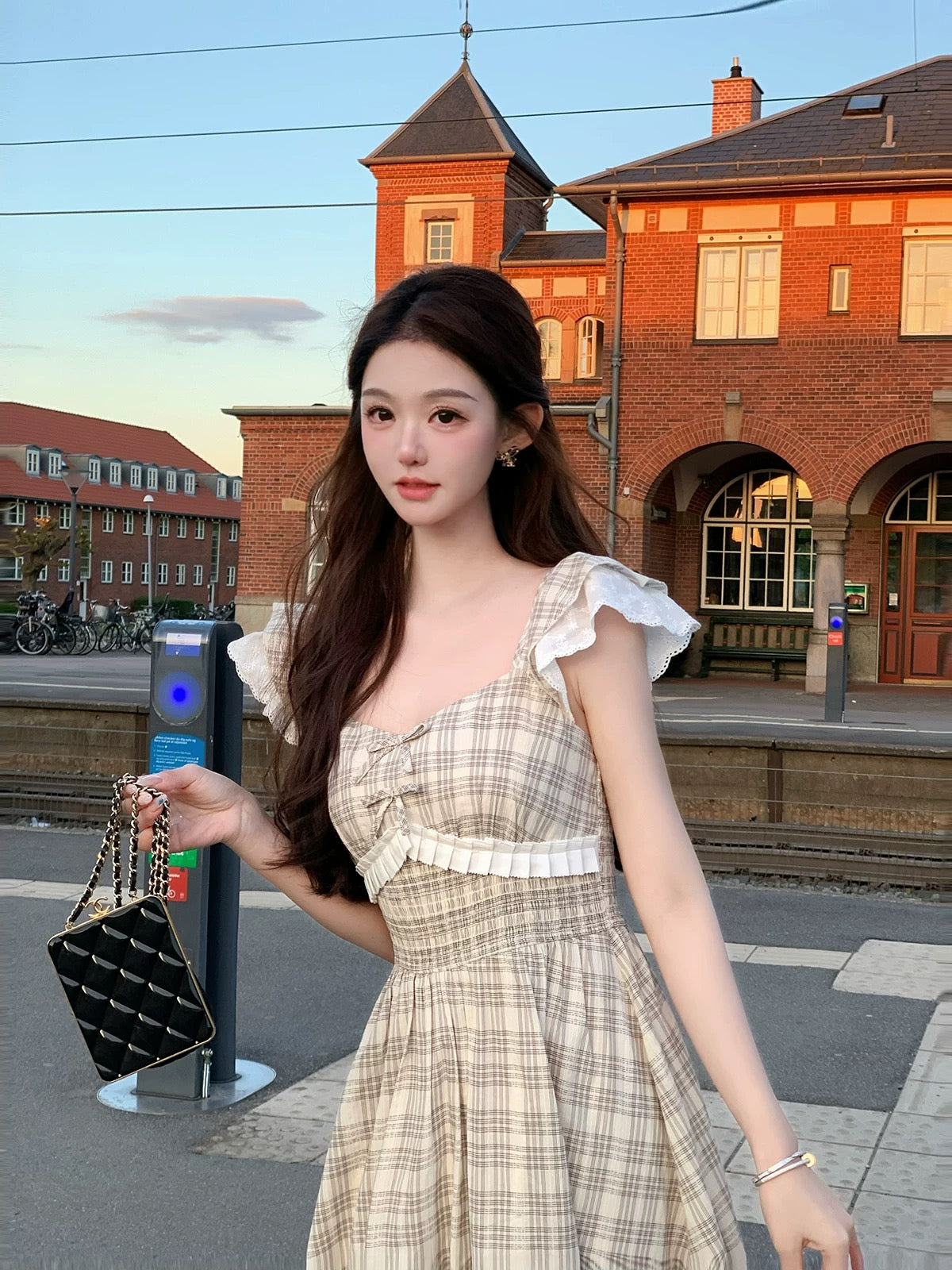 rorosheep【Dream Sea Salt】French sweet little flying sleeves two-wear dress for women retro plaid long skirt