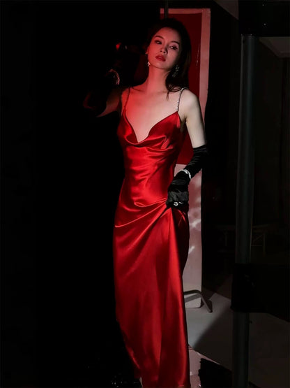journeyj original bright red acetate satin evening dress suspender dress small dress annual party Christmas bride