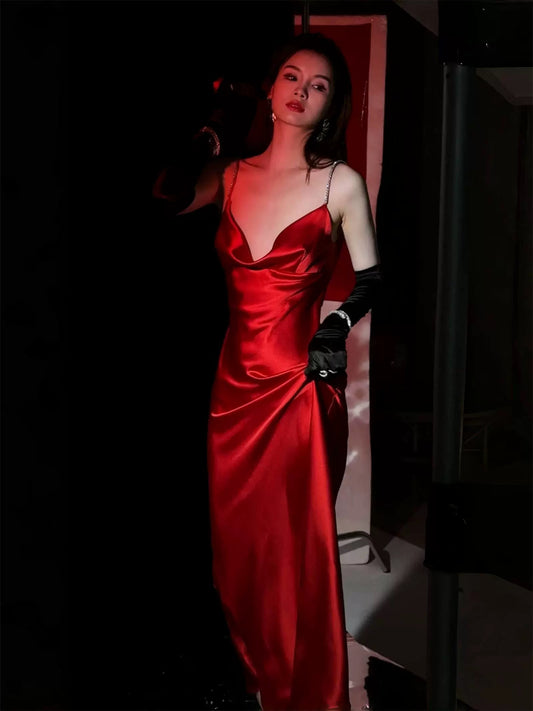 journeyj original bright red acetate satin evening dress suspender dress small dress annual party Christmas bride